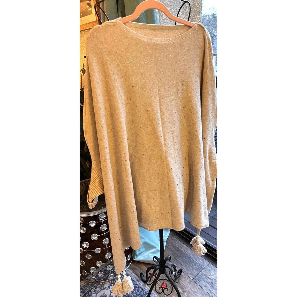 Z&H Fashion Beige Beaded Sweater Oversize Poncho Type W Tassles Size XL - XXXL